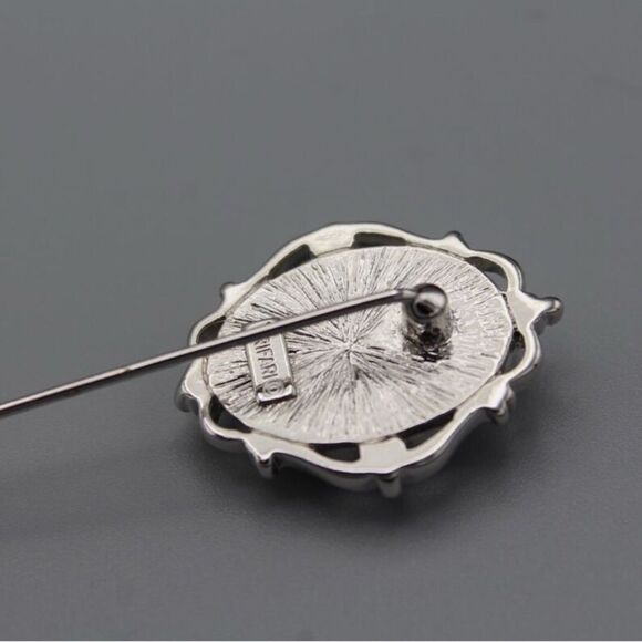 Trifari Vintage Blue White Silver Tone Cameo Hat Pin Brooch Stick Pin 3" Long - Picture 9 of 10